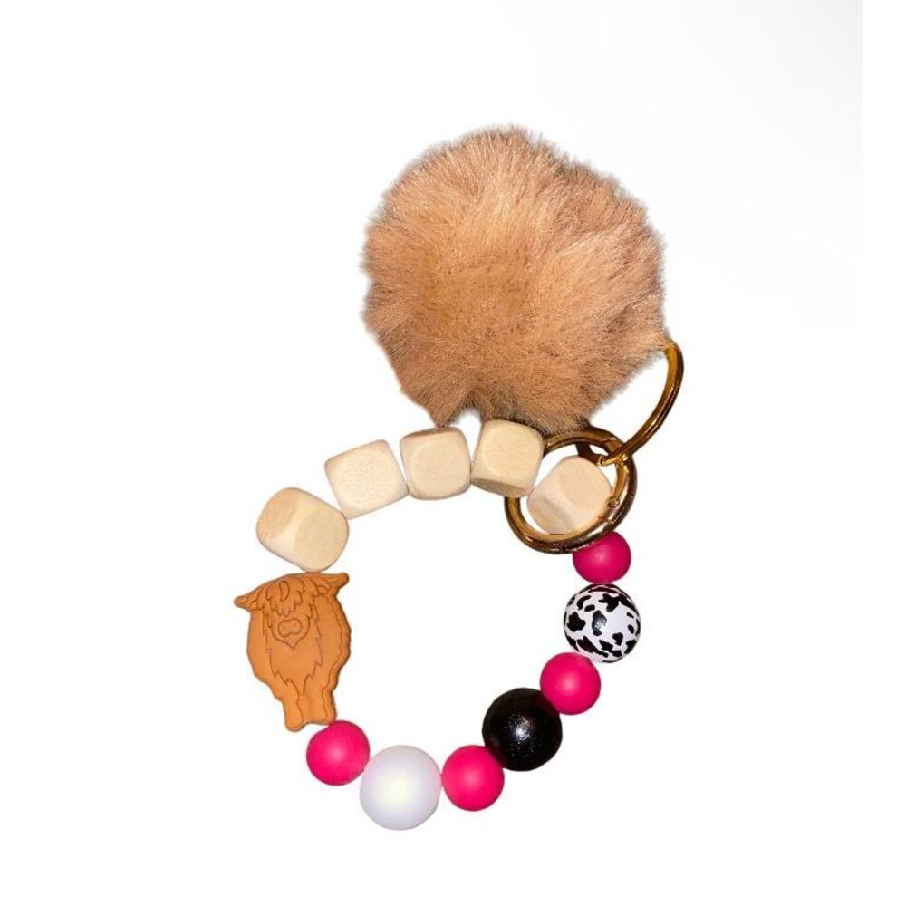 🎀2/$20🎀 Light Brown Highland Cow Keychain Wristlet with Pom Pom